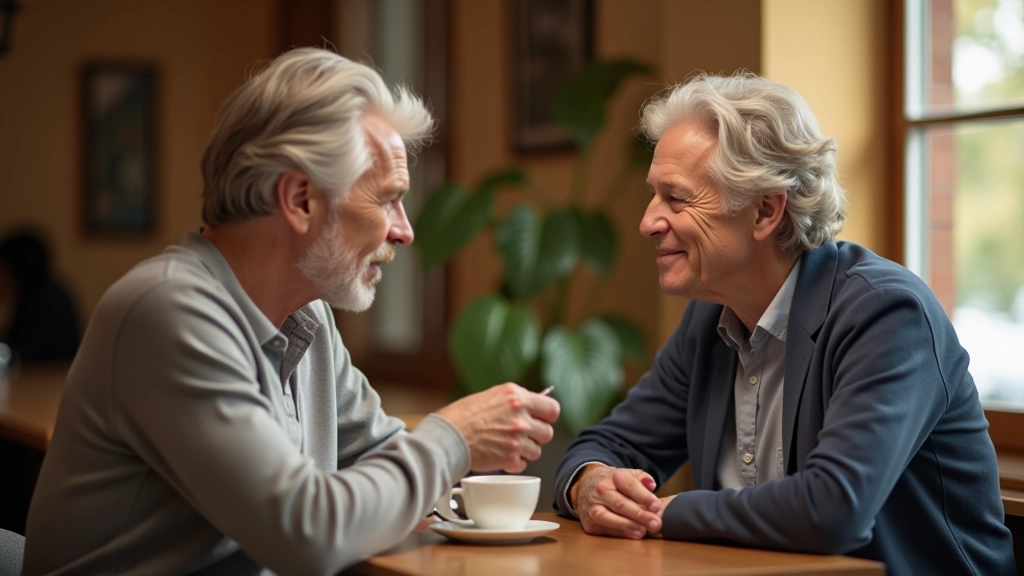 Two mature adults sitting together at a wooden table with coffee, having a serious but connected conversation