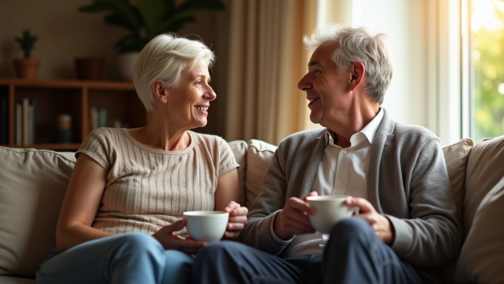 Two people in comfortable clothing having conversation while drinking coffee in bright living room