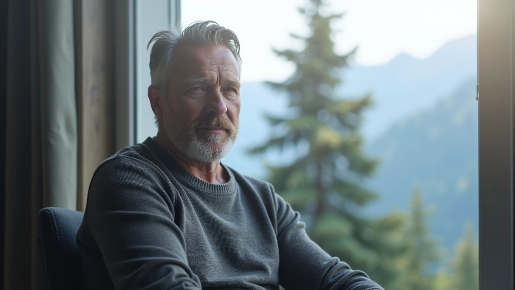 Man looking thoughtfully out window at mountain landscape in morning light