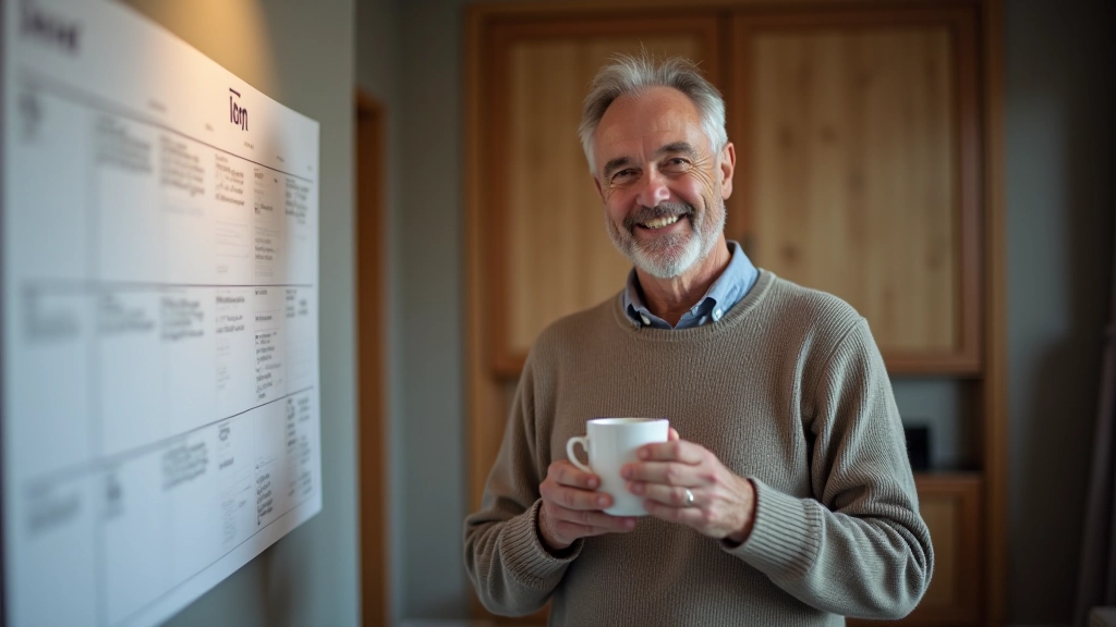 Person at home with coffee, looking at calendar on wall, planning the week ahead
