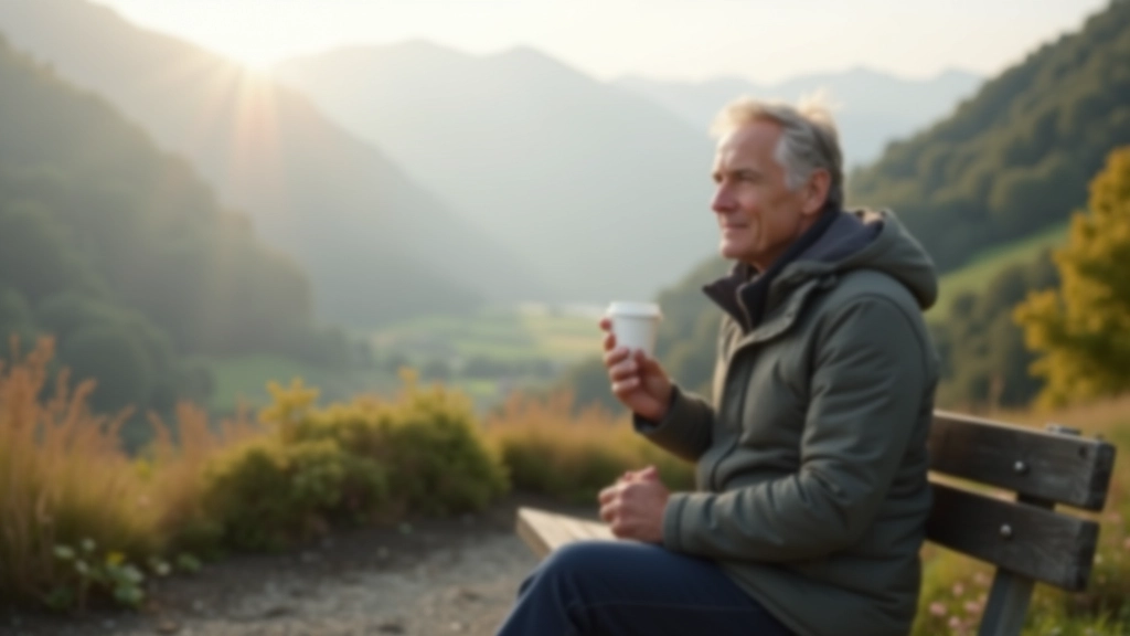 Peaceful person sitting outdoors with coffee mug overlooking scenic valley in morning light