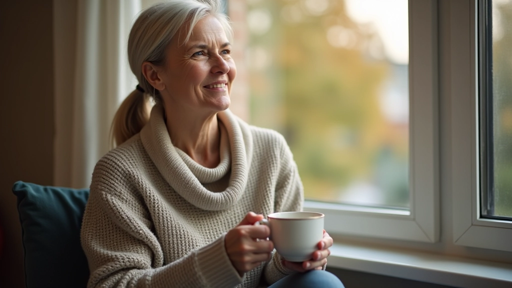 Mature woman sitting by window with coffee, looking thoughtful and peaceful