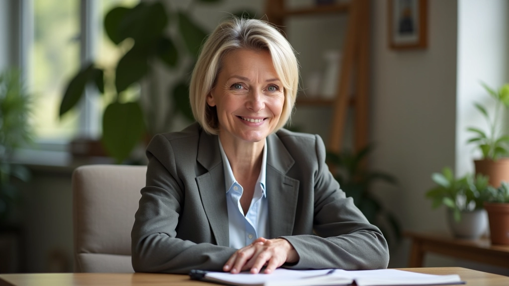 Woman in her 50s sitting at desk with notebook, relaxed posture, morning light, planning and thinking
